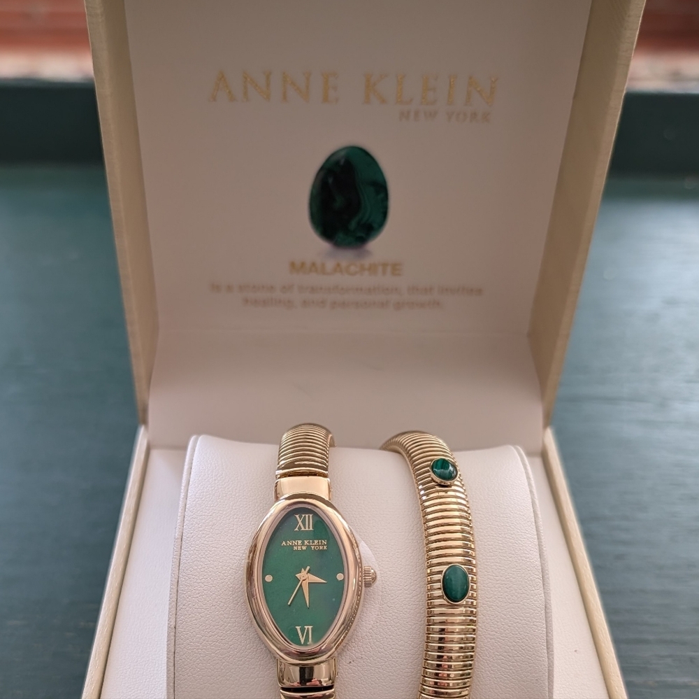 Anne Klein Malachite Green and Gold Watch Set